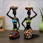 2PACK African Figurines,8.5" Women Decorative Sculptures Candle Holder Centerpieces for Dining Room Table Tribal Lady Statue for Home Decor Western Art American Black Vintage Gift Doll Candleholder