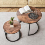 HOJINLINERO Round Coffee Table Set of 2 for Living Room,Small Coffee Table Living Room Table,Nesting Tables Metal Frame/Wood Look,Sturdy/Easy Assembly,Stacking Side Tables Bedroom,Black & Rustic Brown