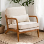 Karl home Accent Chair Mid-Century Modern Chair with Pillow Upholstered Lounge Arm Chair with Solid Wood Frame & Soft Cushion for Living Room, Bedroom, Balcony, Linen Beige (Low Back)