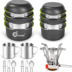 Odoland Batterie de cuisine de camping 16 pièces pour 2 personnes, mini poêle légère avec 2 tasses, fourchette et cuillère pour randonnée, camping en plein air, randonnée et pique-nique
