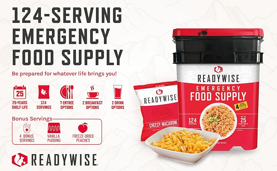 Emergency food kit bucket and a dish of macaroni and cheese. 124-serving emergency food supply.