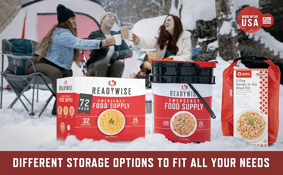 Camping in snow with an emergency kit bucket, box, and emergency bag. "Different storage options."