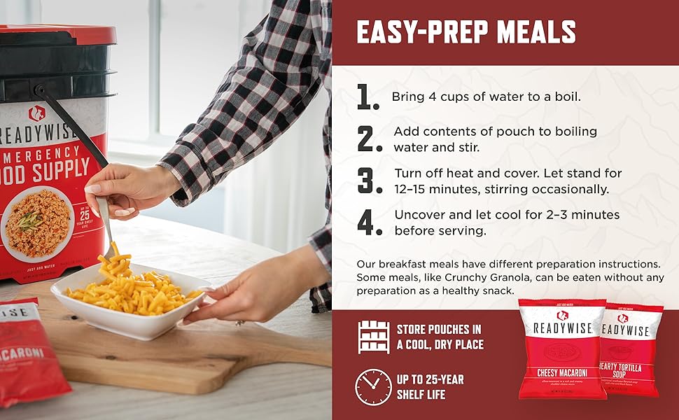A person preparing a ReadyWise freeze-dried food pouch in a bowl. Text reads: Easy-prep meals.